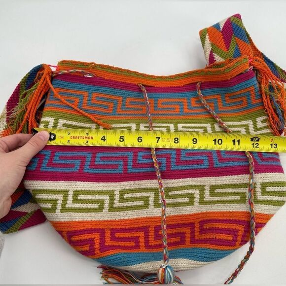 Wayuu Mochila Bag Colombian Neon Multicolor Tassels Boho Bright Crossbody - Picture 7 of 8